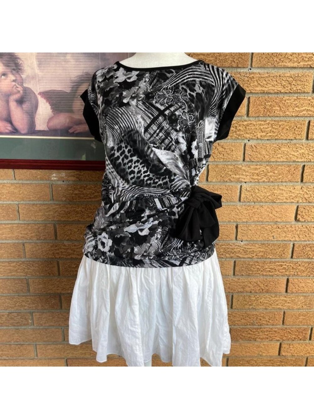 Mandy Evans black and white abstract print blouse with tie detail
